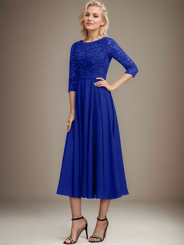 A-line Scoop Tea-Length Lace Chiffon Mother of the Bride Dress With Sequins