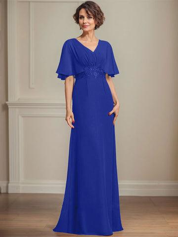 A-line V-Neck Floor-Length Chiffon Mother of the Bride Dress With Pleated Sequins Appliques Lace