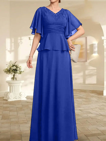 A-line V-Neck Floor-Length Chiffon Mother of the Bride Dress With Pleated Beading