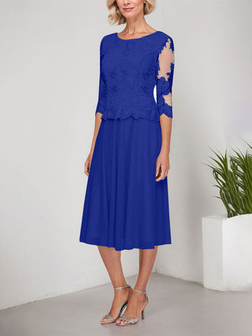 A-line Scoop Tea-Length Lace Chiffon Mother of the Bride Dress With Embroidery