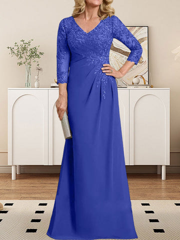 Sheath/Column V-Neck Illusion Floor-Length Lace Chiffon Mother of the Bride Dress With Pleated Sequins
