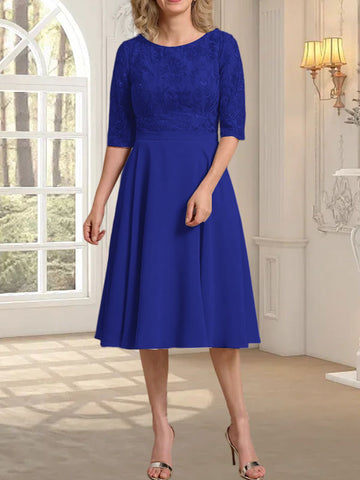 A-line Scoop Knee-Length Lace Chiffon Mother of the Bride Dress