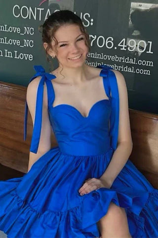 Vestido de fiesta de corte A con escote corazón, volantes y tirantes con lazo SYH104