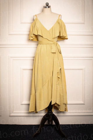 Tea-Length Mustard Yellow Bridesmaid Dress VMB37