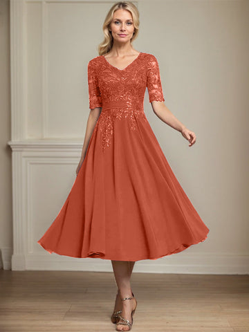 A-line V-Neck Tea-Length Lace Chiffon Mother of the Bride Dress With Sequins