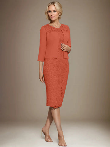 Sheath/Column Scoop Knee-Length Chiffon Lace Mother of the Bride Dress With Beading