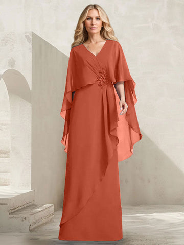 A-line V-Neck Floor-Length Chiffon Mother of the Bride Dress With Cascading Ruffles Beading