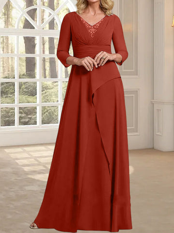A-line V-Neck Floor-Length Chiffon Mother of the Bride Dress With Pleated Beading