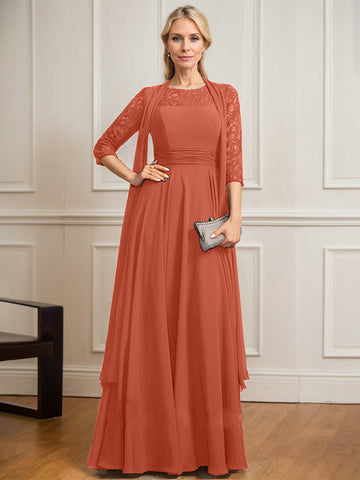 A-line Scoop Illusion Floor-Length Lace Chiffon Mother of the Bride Dress With Pleated