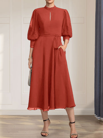 A-line High Neck Tea-Length Lace Chiffon Mother of the Bride Dress With Bow