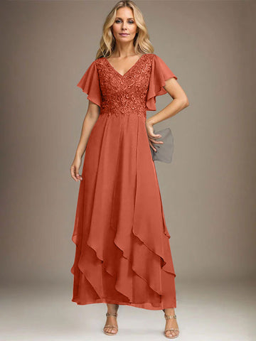 A-line V-Neck Ankle-Length Lace Chiffon Mother of the Bride Dress With Cascading Ruffles