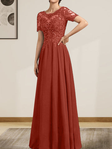 A-line Scoop Illusion Floor-Length Chiffon Lace Mother of the Bride Dress With Sequins Beading