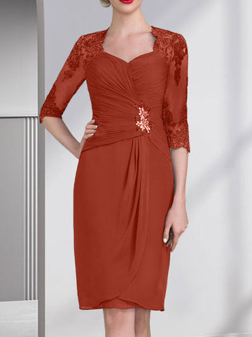Sheath/Column Sweetheart Knee-Length Chiffon Mother of the Bride Dress With Beading Appliques Lace Sequins Pleated