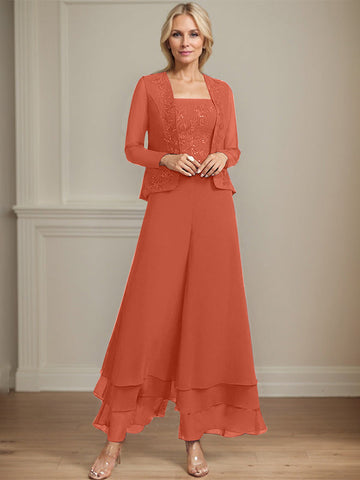 Separates Jumpsuit/Pantsuit Square Ankle-Length Lace Chiffon Mother of the Bride Dress With Sequins