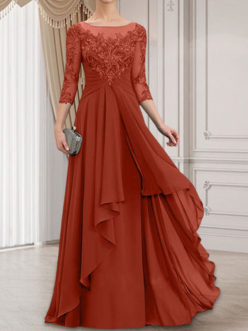A-line Scoop Illusion Floor-Length Lace Chiffon Mother of the Bride Dress With Cascading Ruffles