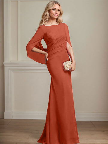 Trumpet/Mermaid Boat Neck Floor-Length Chiffon Mother of the Bride Dress With Pleated