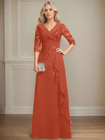 A-line Collared V-Neck Floor-Length Lace Chiffon Mother of the Bride Dress With Sequins Cascading Ruffles