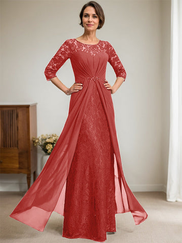 A-Line Scoop Illusion Floor-Length Lace Chiffon Mother Of the Bride Dress With Beading Ruffles
