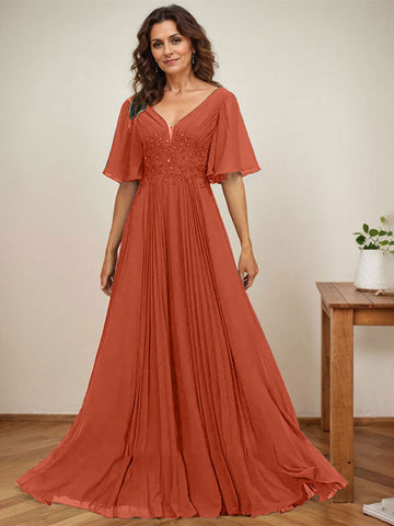 A-line V-Neck Floor-Length Chiffon Mother of the Bride Dress With Sequins Appliques Lace Pleated