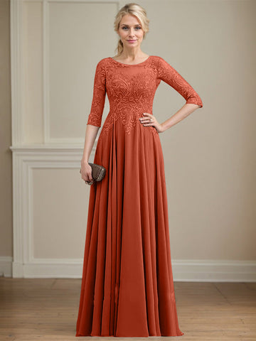 A-line Scoop Illusion Floor-Length Lace Chiffon Mother of the Bride Dress With Sequins