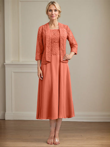 A-line Scoop Tea-Length Lace Chiffon Mother of the Bride Dress