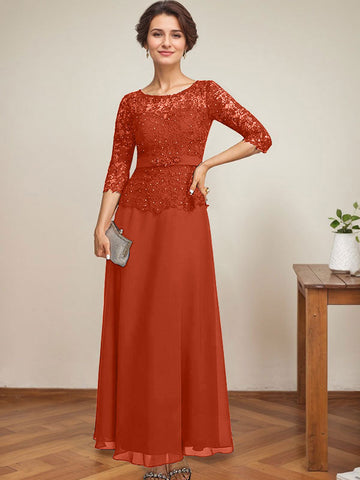 A-line Scoop Illusion Ankle-Length Chiffon Lace Mother of the Bride Dress With Rhinestone Beading