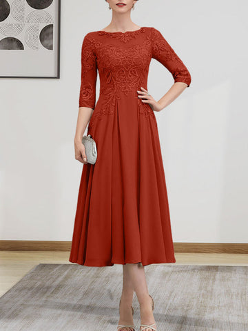 A-line Scoop Illusion Tea-Length Chiffon Lace Mother of the Bride Dress With Beading Sequins