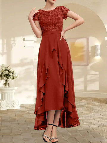 A-line Scoop Illusion Asymmetrical Chiffon Lace Mother of the Bride Dress With Bow Ruffle Sequins