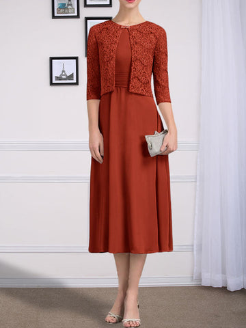 A-line Scoop Tea-Length Chiffon Mother of the Bride Dress With Pleated