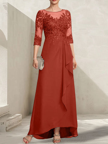 A-line Scoop Illusion Asymmetrical Lace Chiffon Mother of the Bride Dress With Sequins Cascading Ruffles