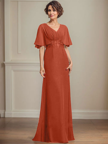 A-line V-Neck Floor-Length Chiffon Mother of the Bride Dress With Pleated Sequins Appliques Lace