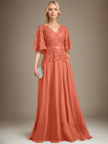 A-line V-Neck Floor-Length Chiffon Lace Mother of the Bride Dress With Crystal Brooch Rhinestone