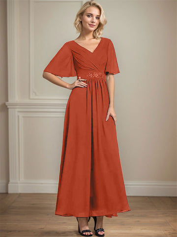 A-line V-Neck Ankle-Length Chiffon Mother of the Bride Dress With Pleated Beading Sequins