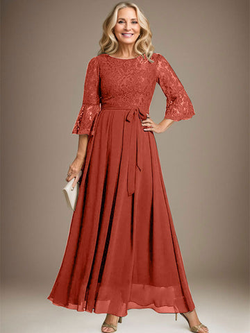 A-line Scoop Ankle-Length Lace Chiffon Mother of the Bride Dress With Bow