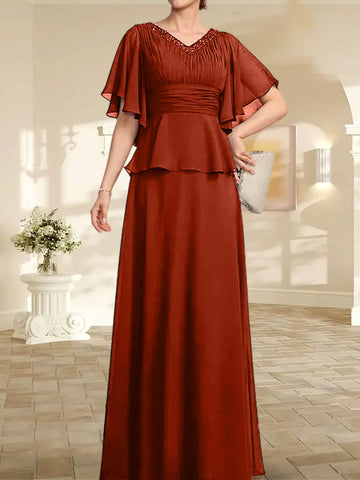 A-line V-Neck Floor-Length Chiffon Mother of the Bride Dress With Pleated Beading