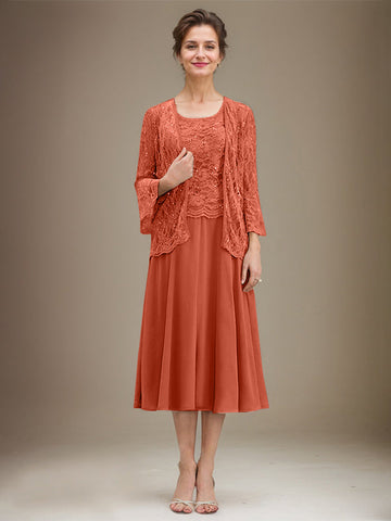 A-line Scoop Tea-Length Lace Chiffon Mother of the Bride Dress With Sequins