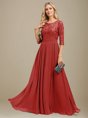A-Line Scoop Floor-Length Lace Chiffon Mother Of the Bride Dress With Sequins Applique