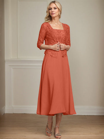 A-line Square Tea-Length Chiffon Lace Mother of the Bride Dress With Sequins Beading