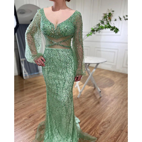 Sexy Mint Mermaid Elegant V-Neck Beaded Luxury Arabic Shiny Evening Dresses Gowns For Women Party 2025 LA71784