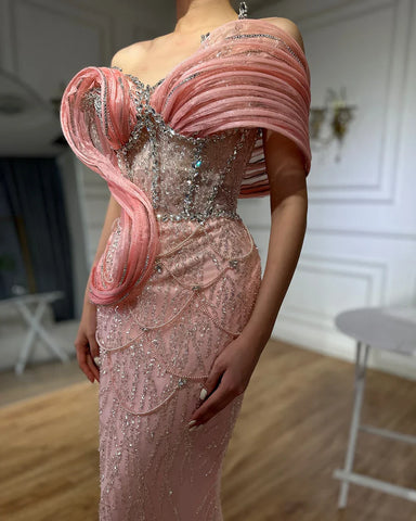 2025 Pink Mermaid Elegant One Shoulder Luxury Beaded Cut Out Evening Dresses Gowns for Women Wedding Party LA72455