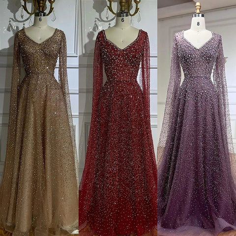 2025 Saudi Arabic Caramel Beaded Cape Sleeves A Line Evening Gown for Formal Occasion LA72147A