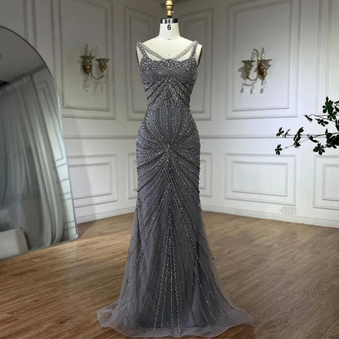 Vestidos de noche estilo sirena, color nude, con tirantes finos, adornados con perlas y cuentas, ideales para bodas y fiestas (2025) LA72356 