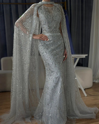 2025 Luxury Dubai Gray Arabic Mermaid Beaded Evening Gowns with Detachable Long Cape for Women's Party LA72180