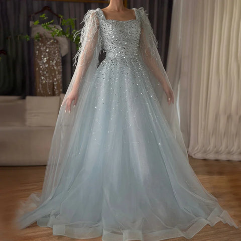 Robe de soirée de luxe saoudienne, coupe trapèze, bleu arabe, manches cape, perles, pour occasions formelles, 2025 LA71782A 