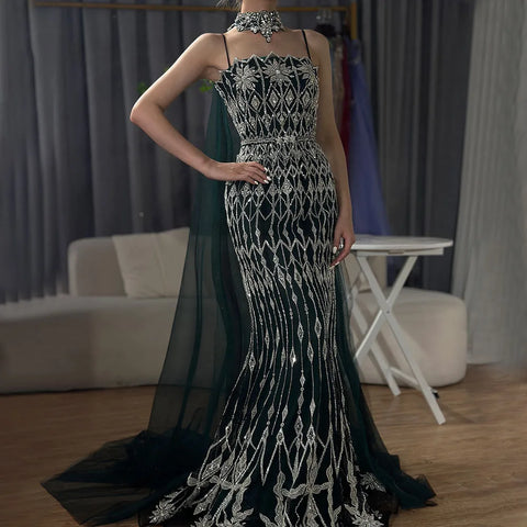 2025 Nude Beaded Spaghetti Strap Design Mermaid Evening Dresses Gowns with Long Cape for Formal Occasion LA72711