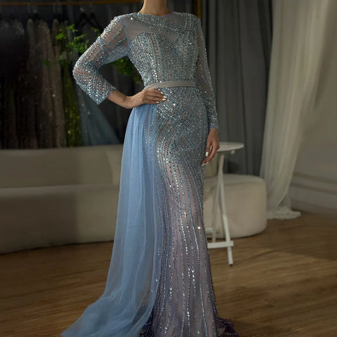 Robe de soirée sirène dorée élégante et luxueuse à perles, style Dubaï, pour femmes musulmanes, tenue de mariage, 2025, LA71429 