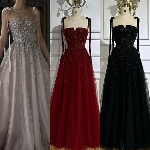 Luxury Saudi Wine Red Beaded Evening Gown Spaghetti Strap Floor-Length for Formal Occasion LA70600A