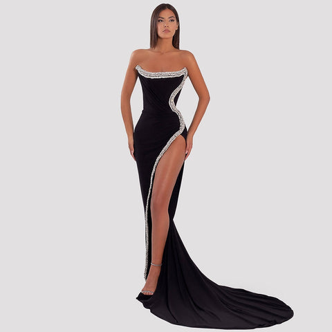 Arabic Black Mermaid Sexy High Split Off The Shoulder Beads Evening Dresses Gowns 2025 For Woman Party LA72016