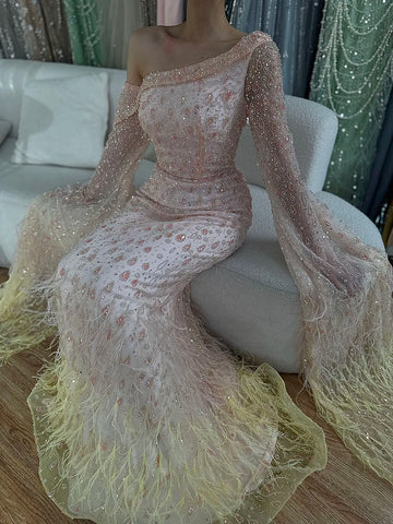 Luxury Feather One Shoulder Evening Dress with Cape Sleeves LA72763