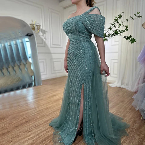 Turquoise High Split Sexy Luxury Beaded 2025 For Woman Party Evening Dresses Gowns Mermaid Elegant  LA71651